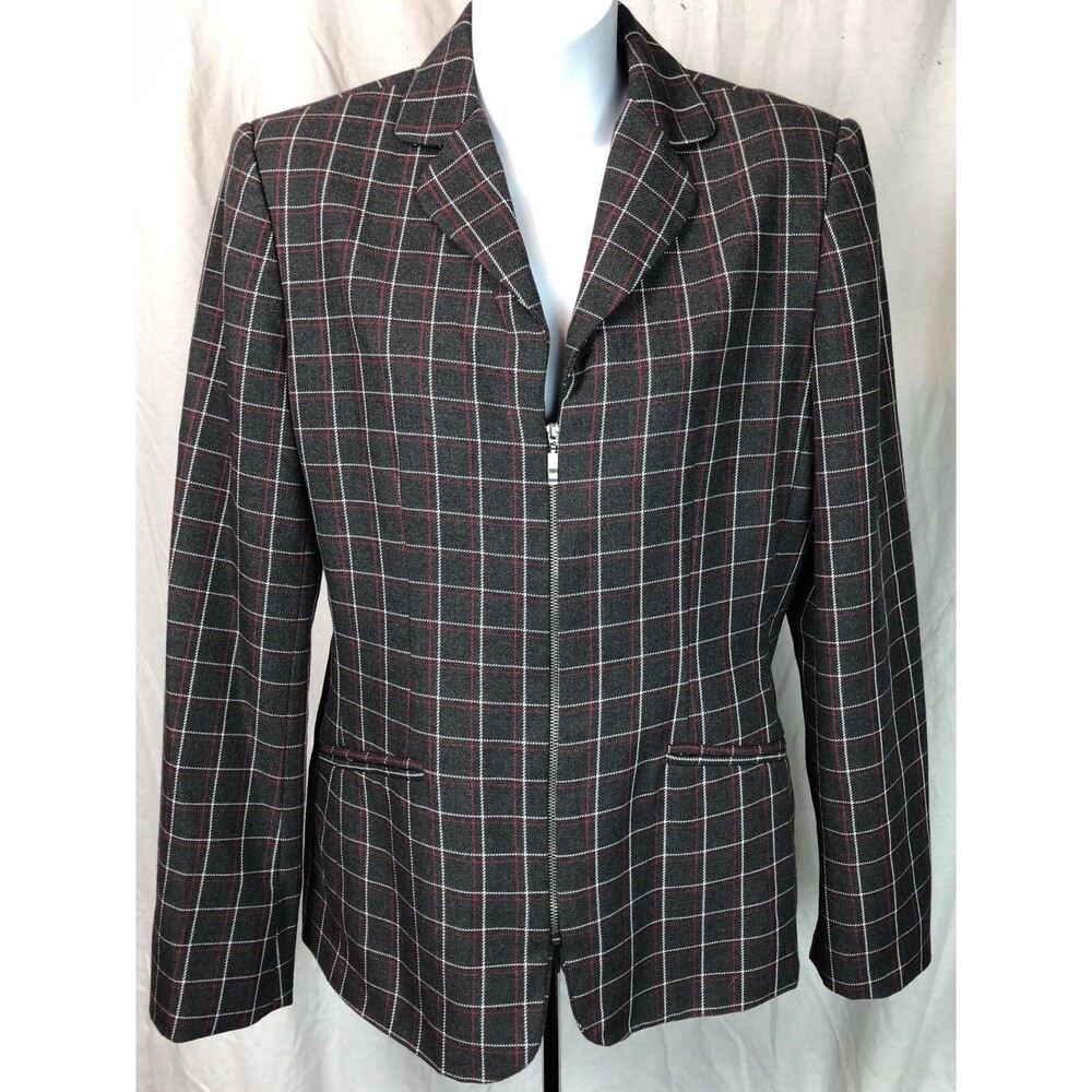 Liz Claiborne jacket Blazer Gray/red Plaid Full Zip Notch Collar Career Academia